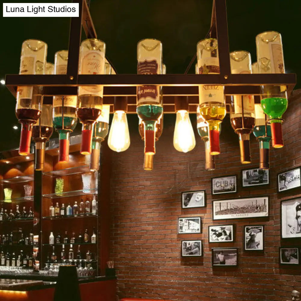 Industrial Black 2-Light Chandelier with Clear Glass Shades - Multi-color Wine Bottle Bistro Pendant Light