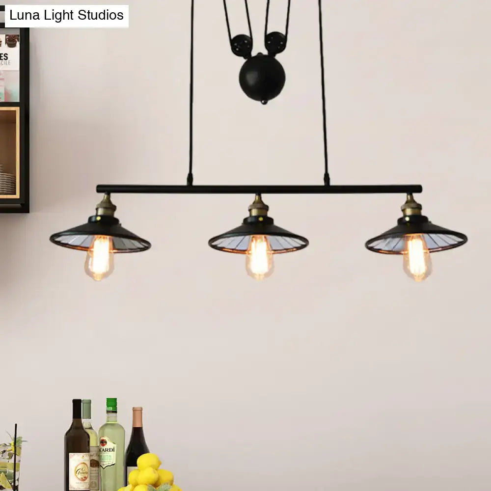 Industrial black 3-bulb pulley island pendant light with metal shades and exposed edison bulbs for kitchens