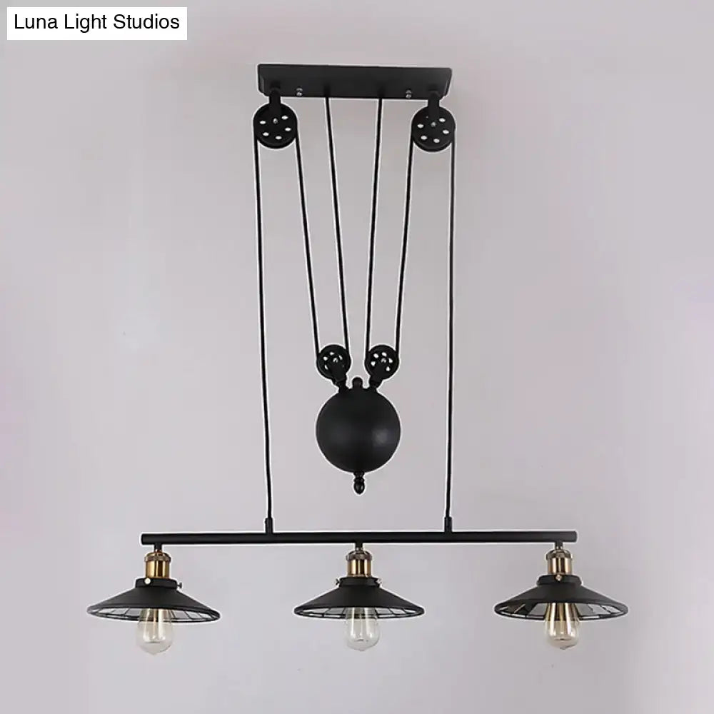 Industrial black 3-bulb pendant light with pulley design featuring exposed sockets for kitchen island pendant lighting