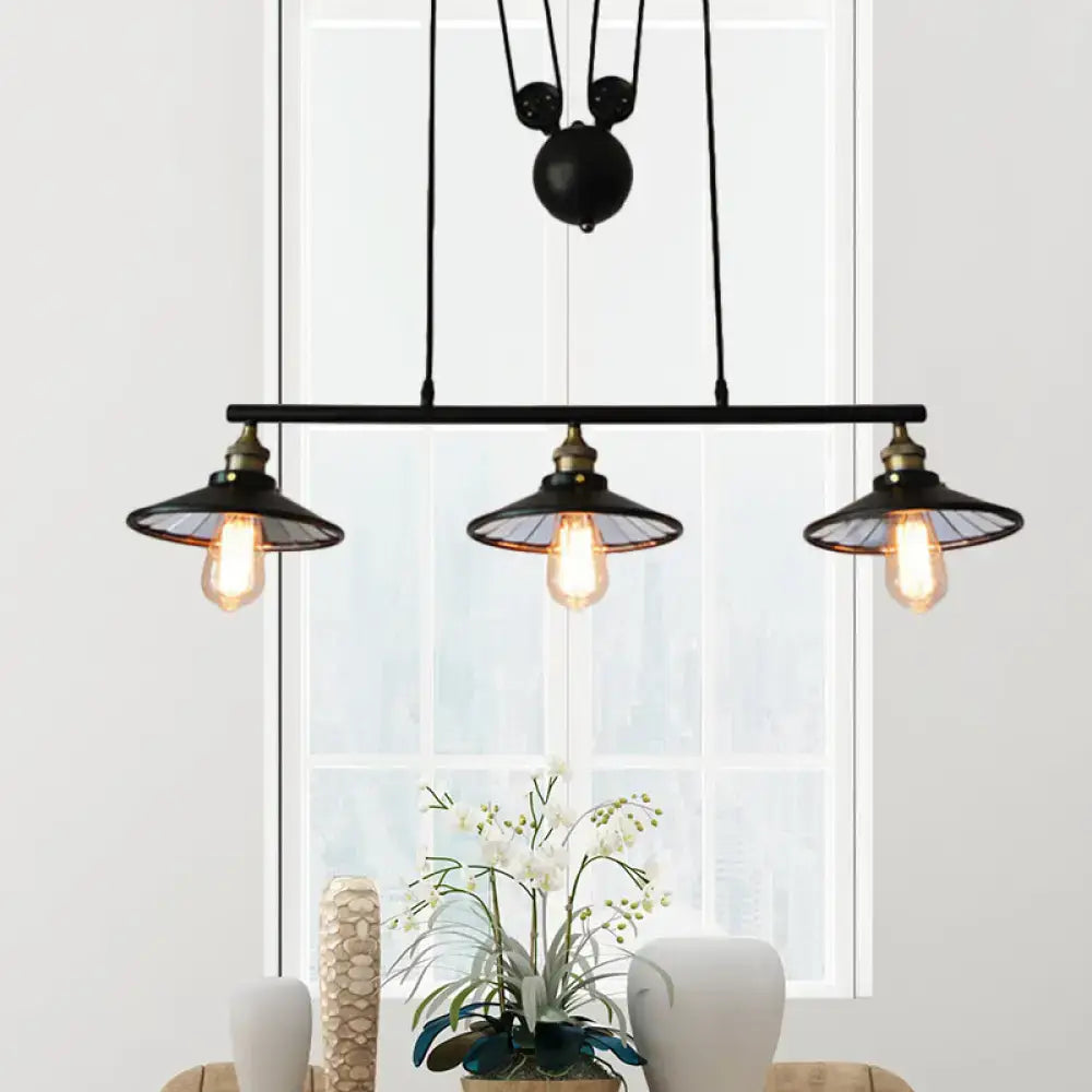 Industrial black 3-bulb island pendant light with pulley design and exposed bulbs for kitchen lighting