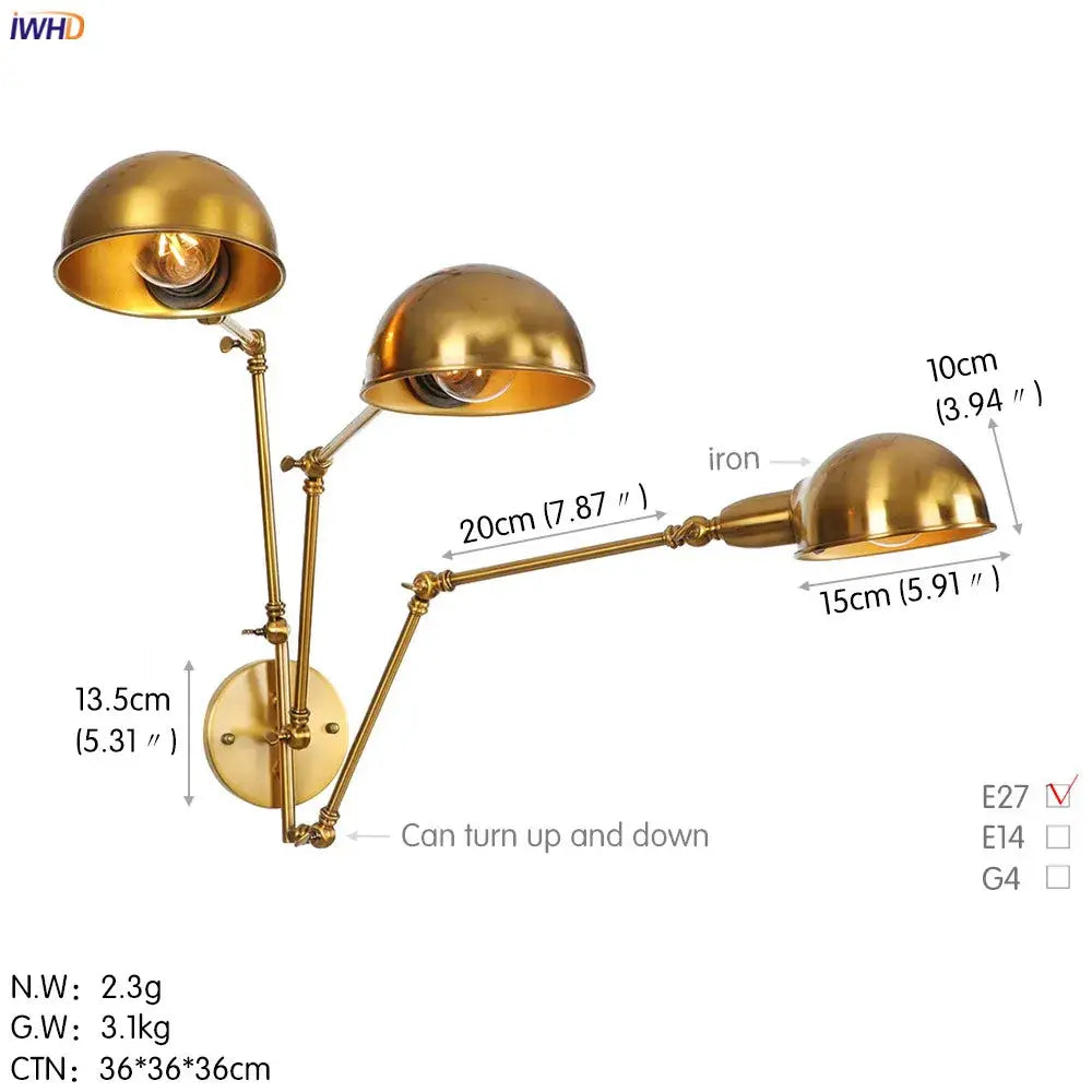 Brass-finished industrial black 3 head adjustable wall sconce with dome shades and articulated arms for decorbites loft antique lighting