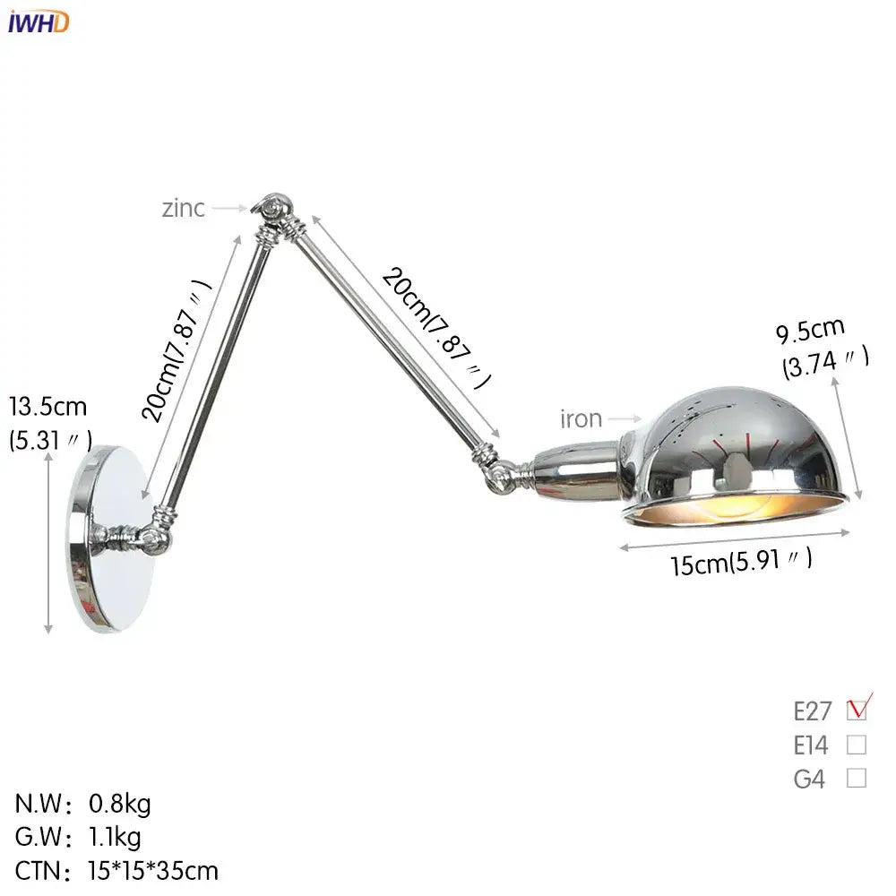 Chrome finished adjustable wall sconce with articulated arms and dome shade for decorbites loft antique edison style lighting