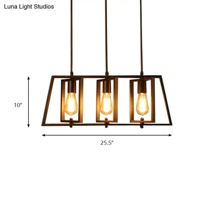 Decorbites farmhouse trapezoid frame island pendant light with three exposed edison bulbs in black metal frame