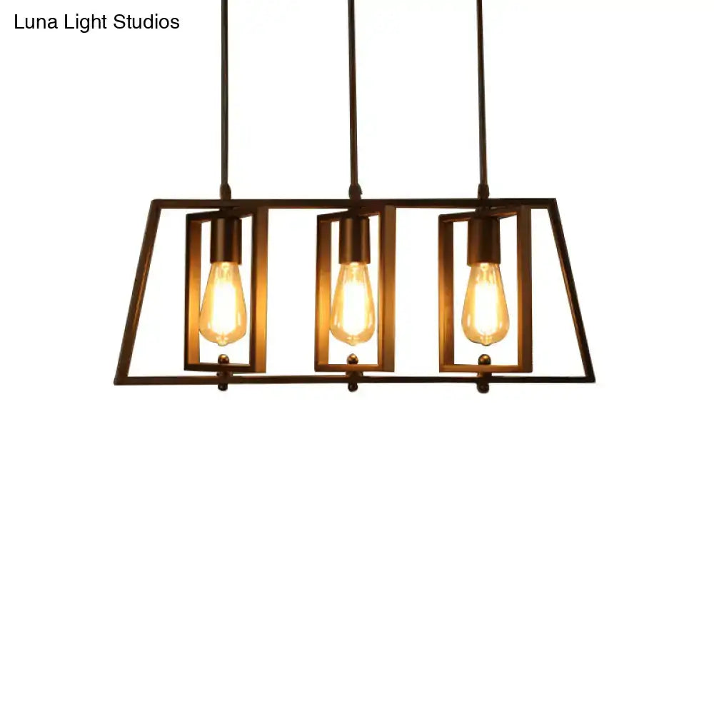 Industrial-style DecorBites™ farmhouse trapezoid frame island pendant light with dark bronze metal frame and edison bulbs