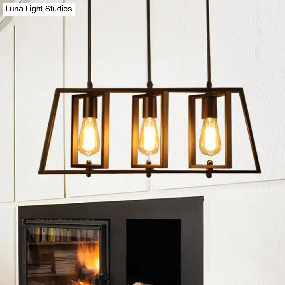 Industrial-style black metal farmhouse trapezoid frame island pendant light with three exposed edison bulbs by decorbites