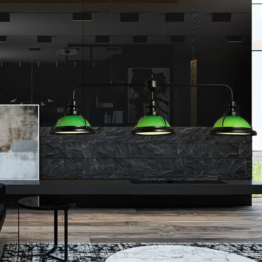 Three green glass dome pendant lights with black metal frames hang above dark stone countertop compatible with e26 e27 110v-120v and 220v-240v