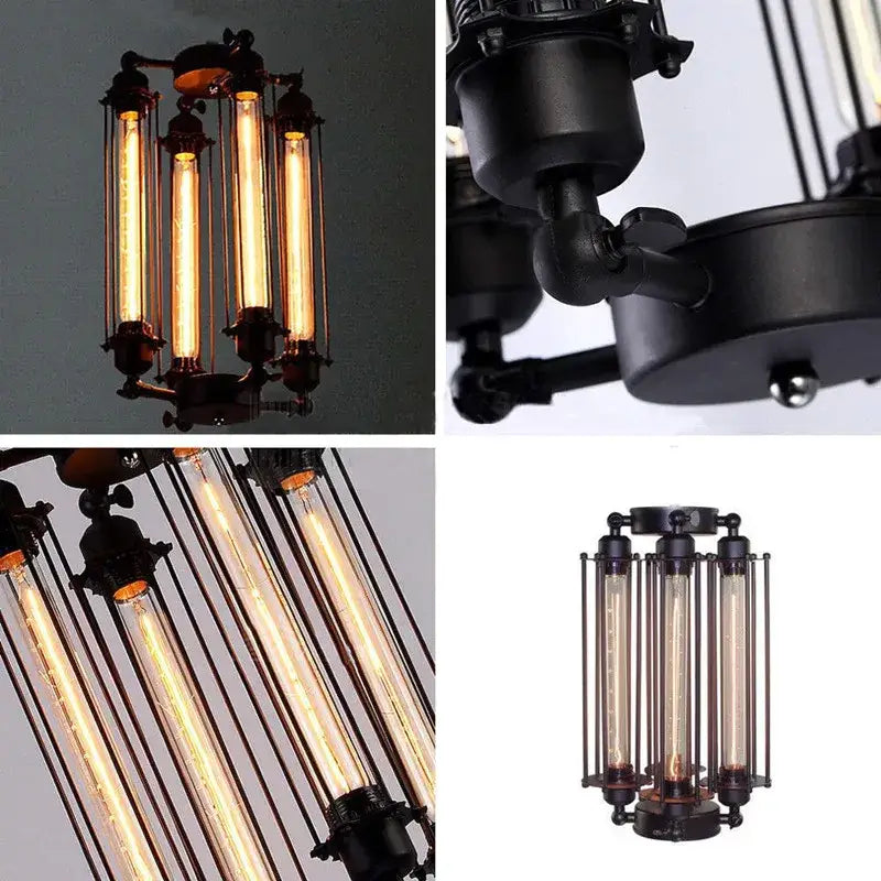 Industrial black 8-head hanging pendant lamp with black metal frame and glowing Edison bulb tubes by Decorbites industrial