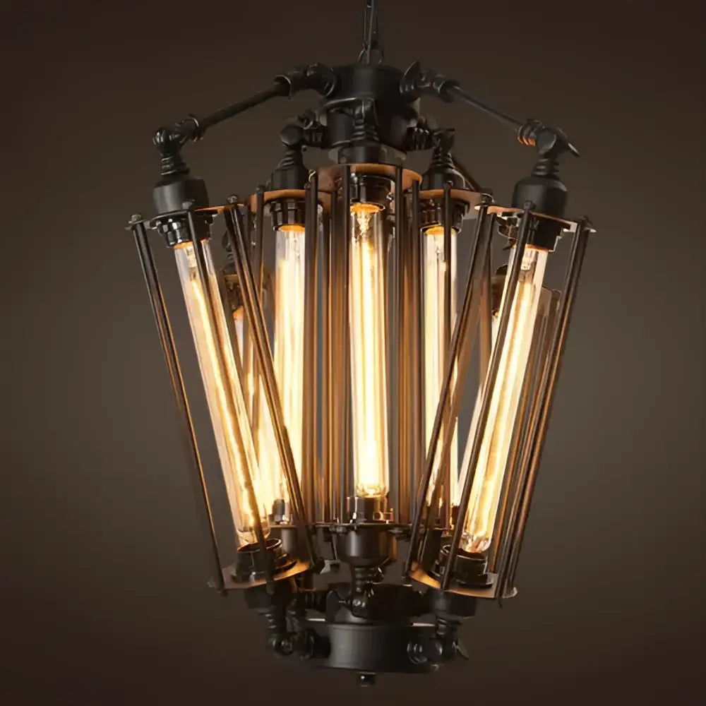 Industrial black 8-head hanging pendant lamp with black metal frame and glowing Edison bulbs for dining room decorbites industrial