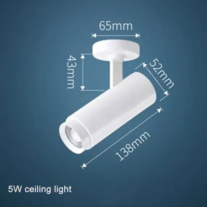White cylindrical 5w ceiling light with sleek modern design and precise markings for decorbites adjustable focus track spotlights
