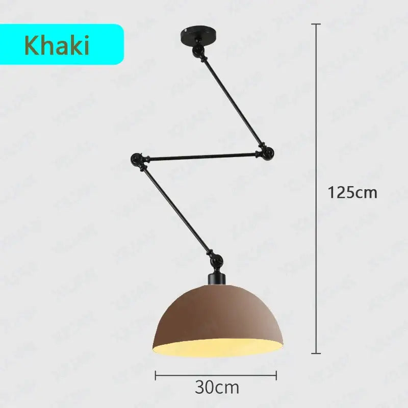 Khaki industrial pendant light with adjustable long black metal arms and matte dome shade for living room use