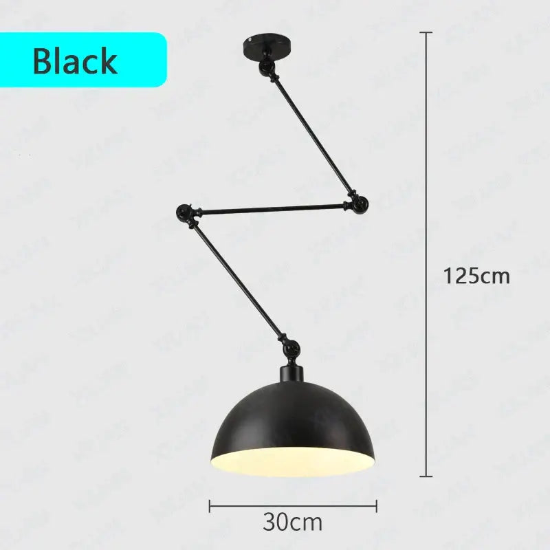 Industrial black adjustable long arm pendant light with matte finish and articulated arms for living room use