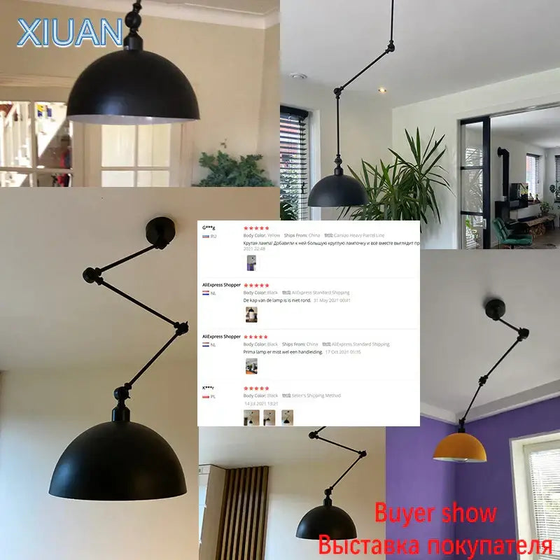 Industrial black matte pendant light with adjustable long arm and dome-shaped shade for living room lighting