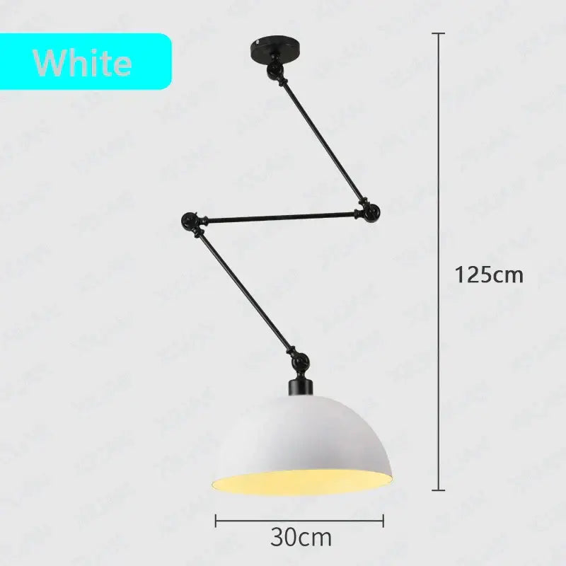 White industrial pendant light with black adjustable long arm and dome-shaped shade for living room use