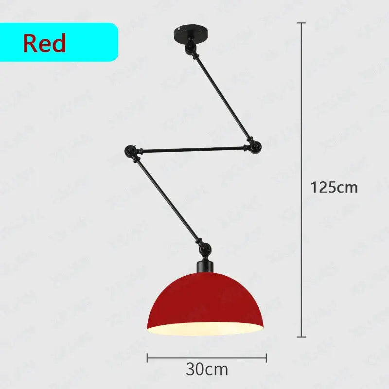 Industrial black adjustable long arm pendant light with red dome shade and 125cm adjustable height for living room