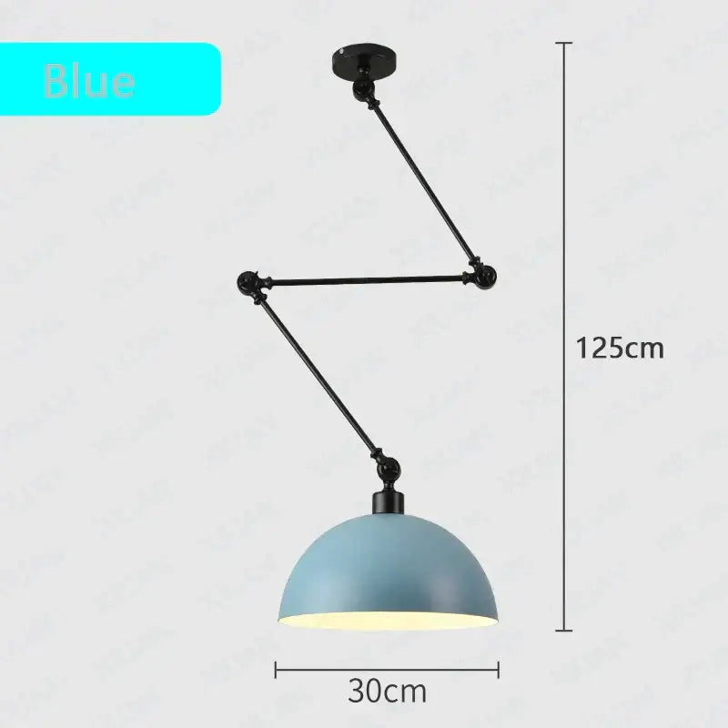 Blue dome pendant light with black adjustable long arm and 125cm height for industrial living room lighting