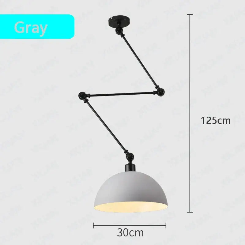 Gray industrial-style pendant light with matte finish and adjustable long arm for living room lighting