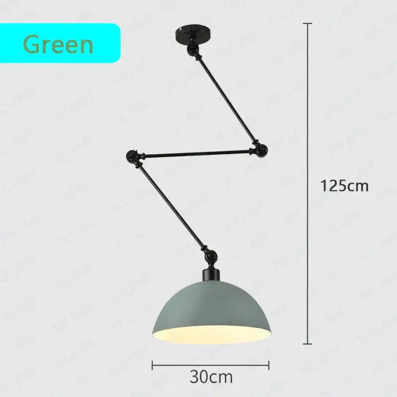 Industrial green adjustable long arm pendant light with matte finish and articulated arms for living room use