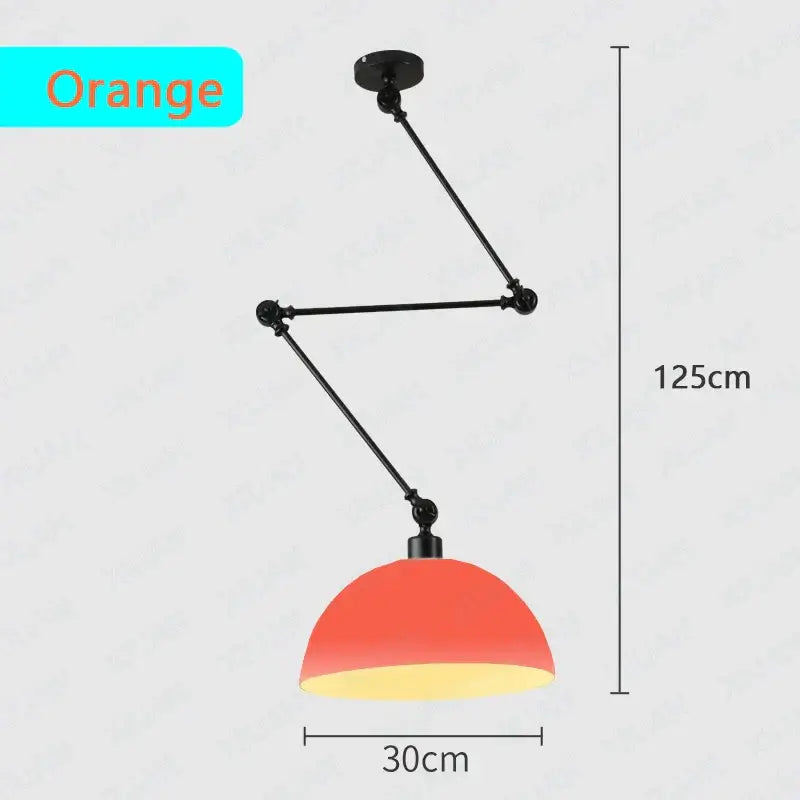 Industrial black adjustable long arm pendant light with orange dome-shaped shade for living room lighting