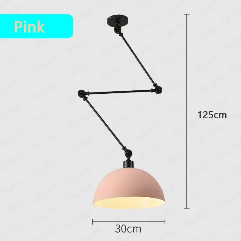Pink dome-shaped pendant light with black adjustable long arm suitable for industrial living room lighting