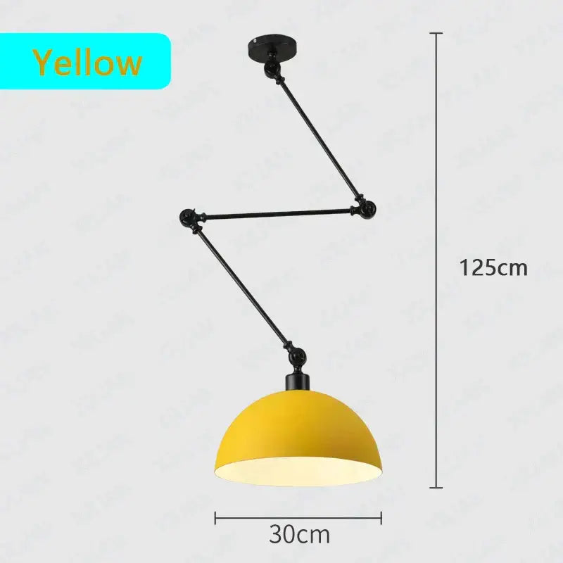 Yellow dome-shaped pendant light with black adjustable long arm and 125cm height for living room use