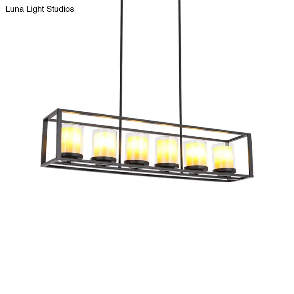 DecorBites Black metal rectangular light fixture with six warm yellow glass bulbs for amber cylinder island lighting