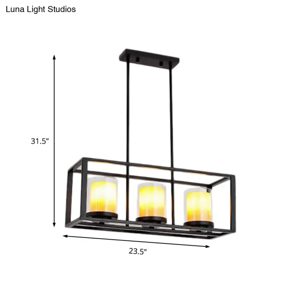 Black metal rectangular light fixture with three amber glass cylinder island shades for kitchen hanging lamp use