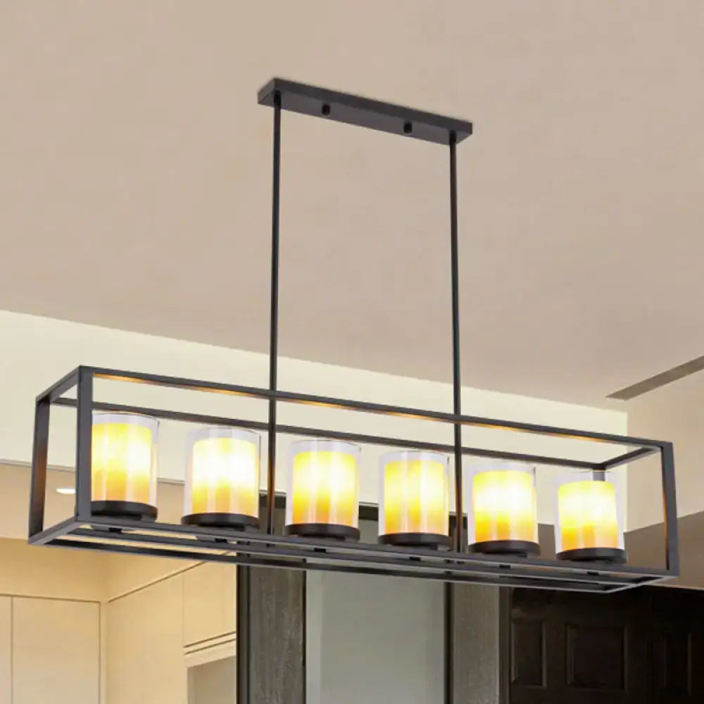 Black metal rectangular light fixture with five warm yellow glass candle bulbs for amber cylinder island lighting