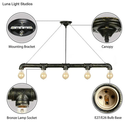 Decorbites™ industrial metal pendant ceiling light with five exposed edison bulbs and antique brass finish for living room island