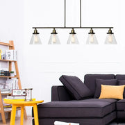 DecorBites industrial black metal bar pendant light with five clear glass shades and brass fixtures for dining room
