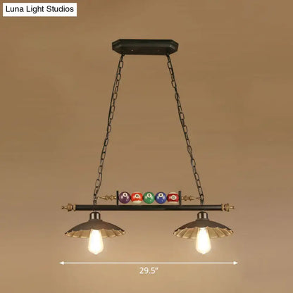 DecorBites industrial style hanging light with black metal finish, brass accents, and colorful billiard ball deco fixture