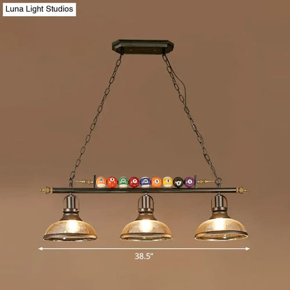 DecorBites industrial style three-light pool table pendant light with black metal frame and colorful billiard ball deco