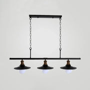 Black industrial-style metal kitchen ceiling light with three exposed bulbs and brass accents for flat shade island lighting