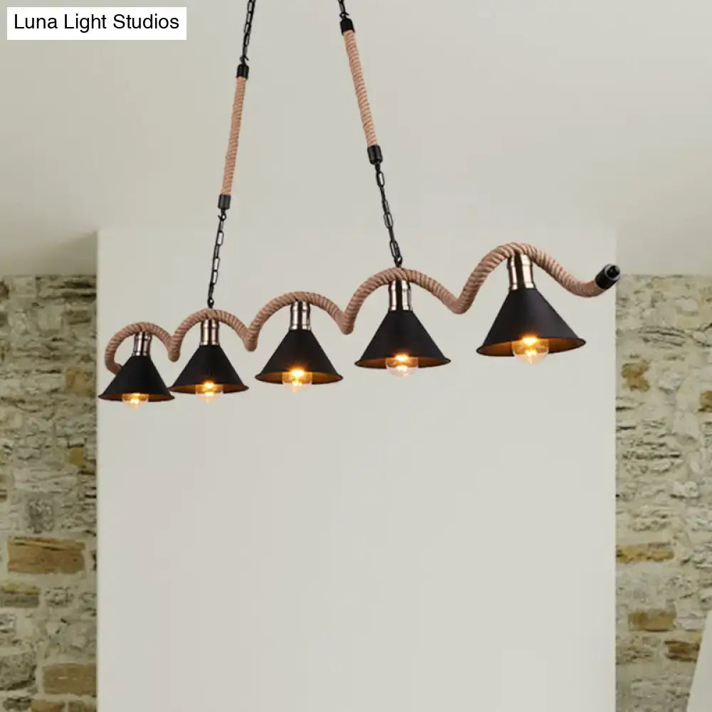 DecorBites rustic brown metal island ceiling light with rope-wrapped curved design and five conical shades