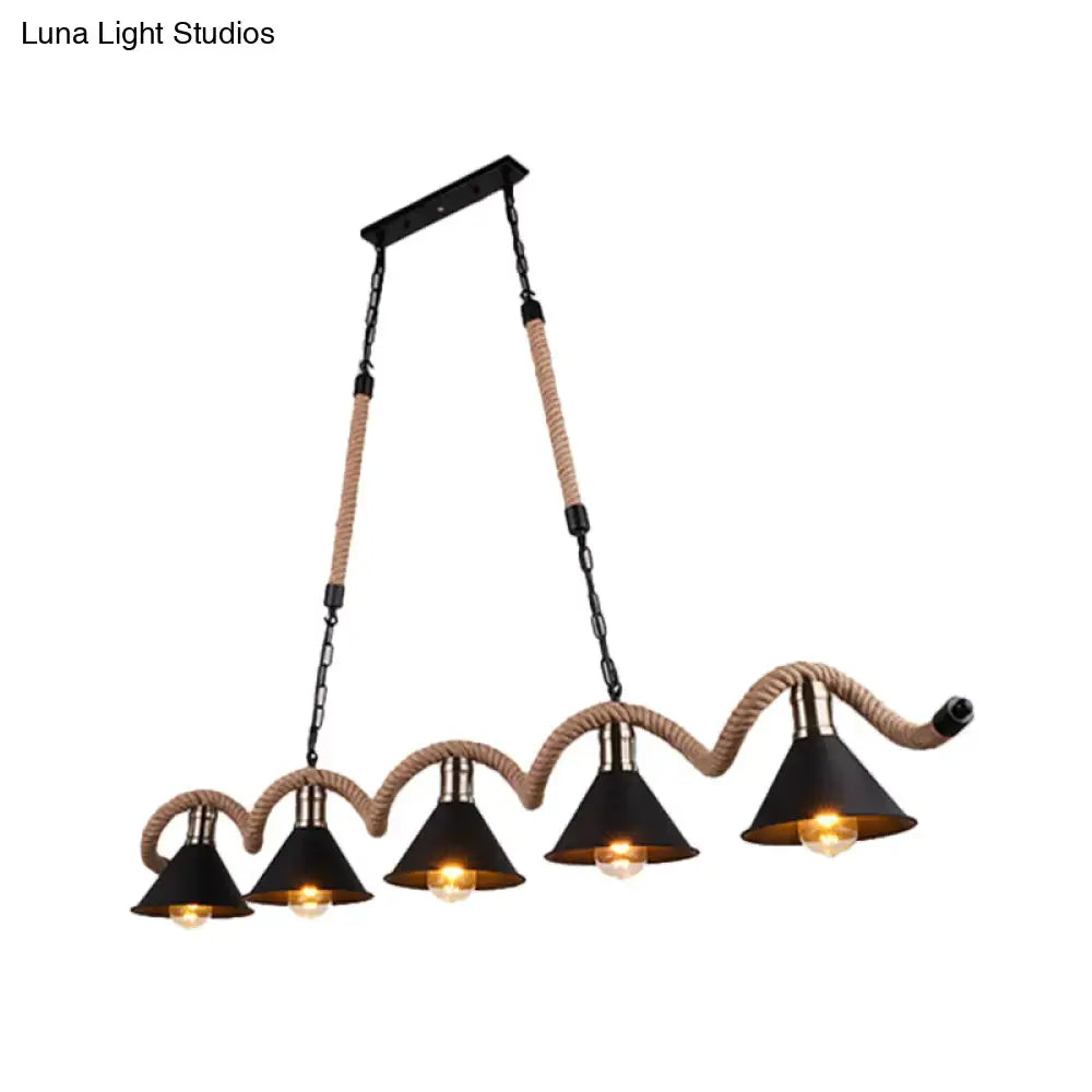 Decorbites™ rustic metal cone island ceiling light with four black conical shades suspended by rope and chain brown