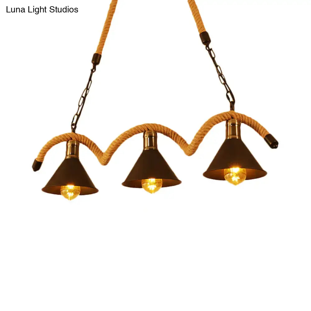 Decorbites rustic metal cone island ceiling light with three dark matte shades and natural fiber rope suspension brown