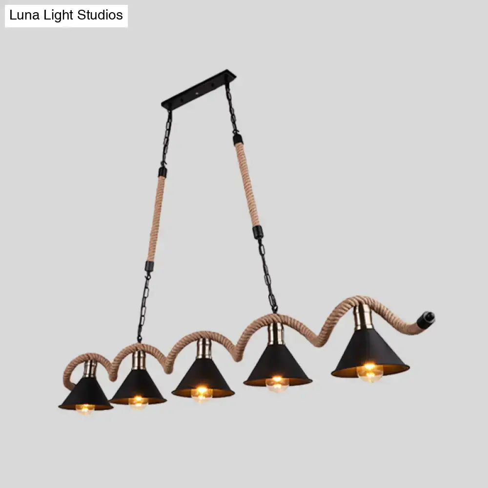DecorBites rustic brown metal island ceiling light with four black cone shades and natural rope accents