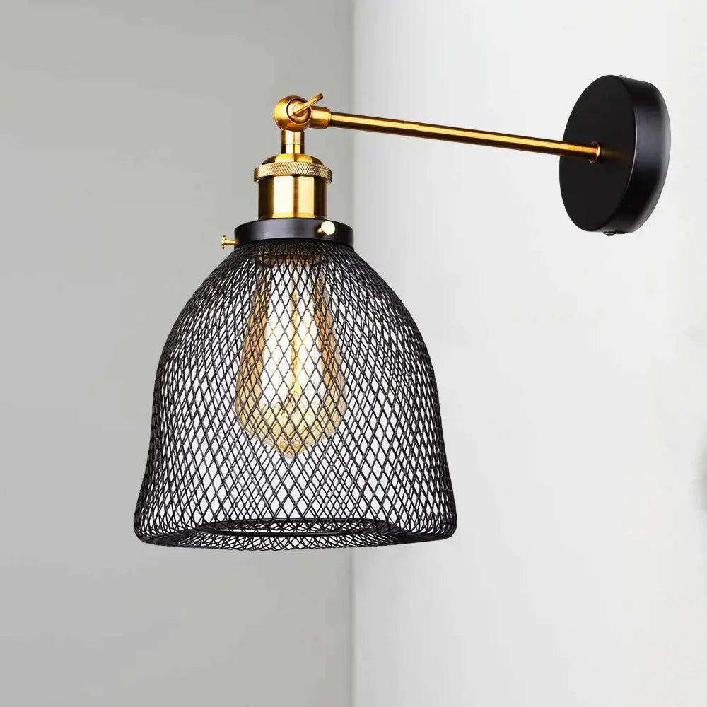 Black mesh industrial led cage wall sconce with brass accents and visible filament bulb for living room decorbites industrial led