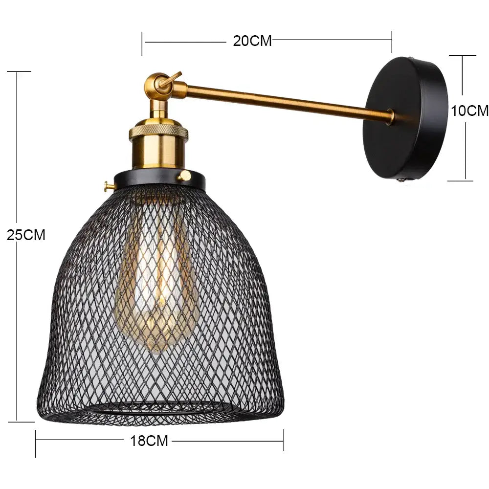 Industrial black and brass led cage wall sconce with black mesh shade and exposed edison bulb for living room decorbites industrial led