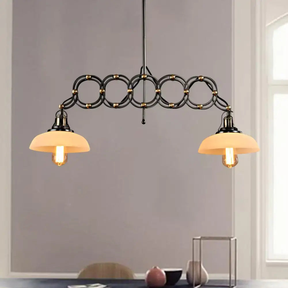 Industrial-style black metal pendant light with two warm opal glass shades and exposed filament bulbs 220v-240v 110v-120v