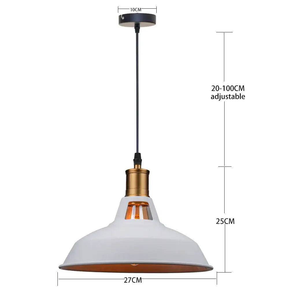 White enamel pendant light with brass-finished socket and copper interior on adjustable black cord decorbites industrial farmhouse design