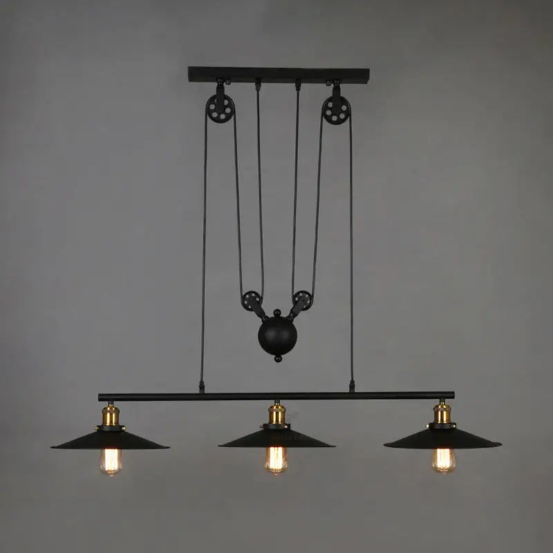 Industrial metal flying saucer ceiling light in black with three e26 e27 bulbs and pulley pendant system for bars