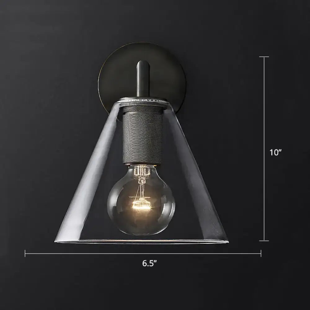 Industrial black and brass wall lamp with clear glass cone shade and exposed filament bulb fixture type for bedroom