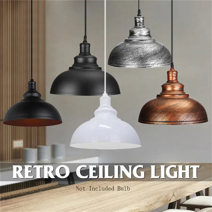 Set of four vintage industrial loft iron pendant lights in matte black, distressed silver, copper, and white finishes for dining room decorbites