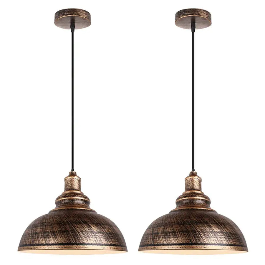 Pair of vintage-style bronze pendant lights with distressed metal shades and black cords for industrial loft iron decorbites