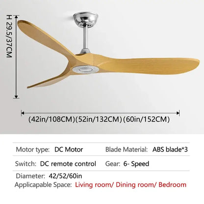 Modern vintage ceiling fan with three light wood abs blades and sleek silver motor housing for bedroom use