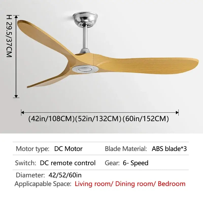 Modern vintage ceiling fan with three light wood abs blades and sleek silver motor housing for bedroom use