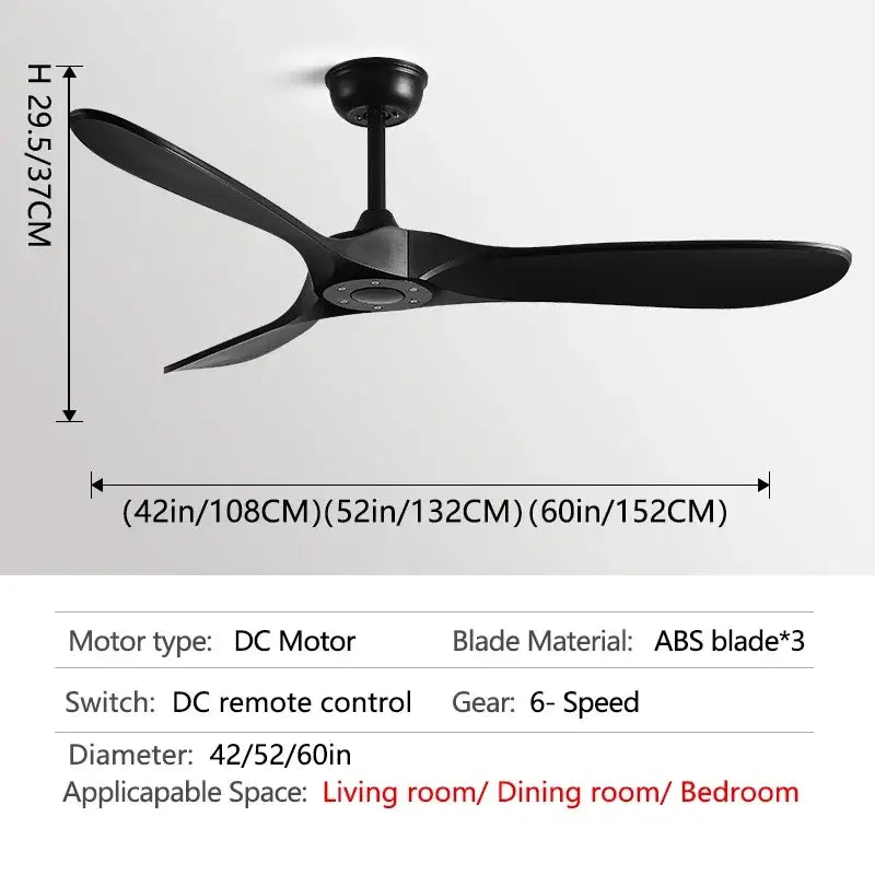 Industrial black vintage ceiling fan with sleek abs blades and dark wood accents for bedroom use with remote control