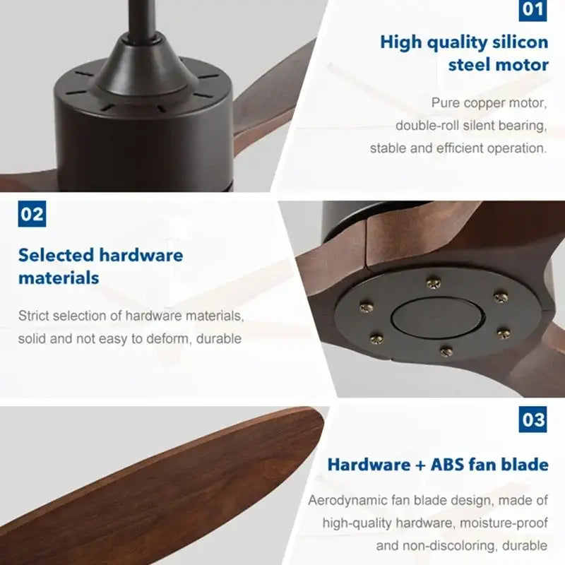 Industrial black vintage ceiling fan with dark wood blades and high-quality silicon steel motor for bedroom use