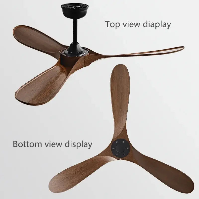 Modern ceiling fan with three dark brown wooden blades and black hub ideal for vintage ceiling industrial bedroom use