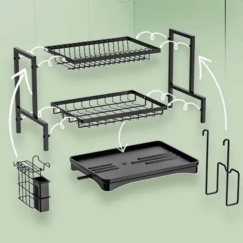 Industrial black and gold metal two tier kitchen storage rack with tray base for organized tier kitchen storage